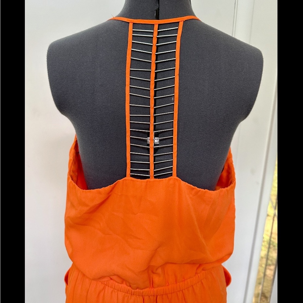SEXY XOXO ORANGE SILKY CHIFFON SHORTS ROMPER HALTER SPAGHETTI STRAPS BEADED L - Picture 7 of 9